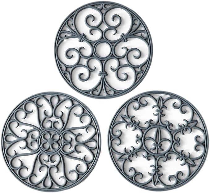 Silicone Trivet Mat - Hot Pot Holder Hot Pads for Table & Countertop - Teapot Trivet Kitchen Trivets - Non-Slip & Heat Resistant Modern Kitchen Hot Pads for Pots & Hot Dish Grey Trivet Set of 3