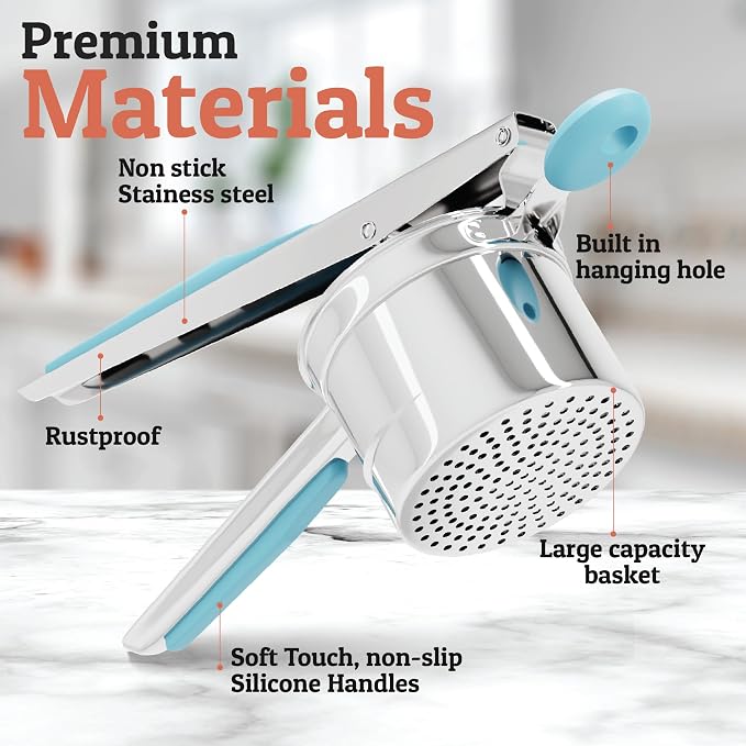 PriorityChef Large 15oz Potato Ricer, Heavy Duty Stainless Steel Potato Masher and Ricer Kitchen Tool, Press and Mash Kitchen Gadget For Perfect Mashed Potatoes - Everytime, Silver and Turquoise