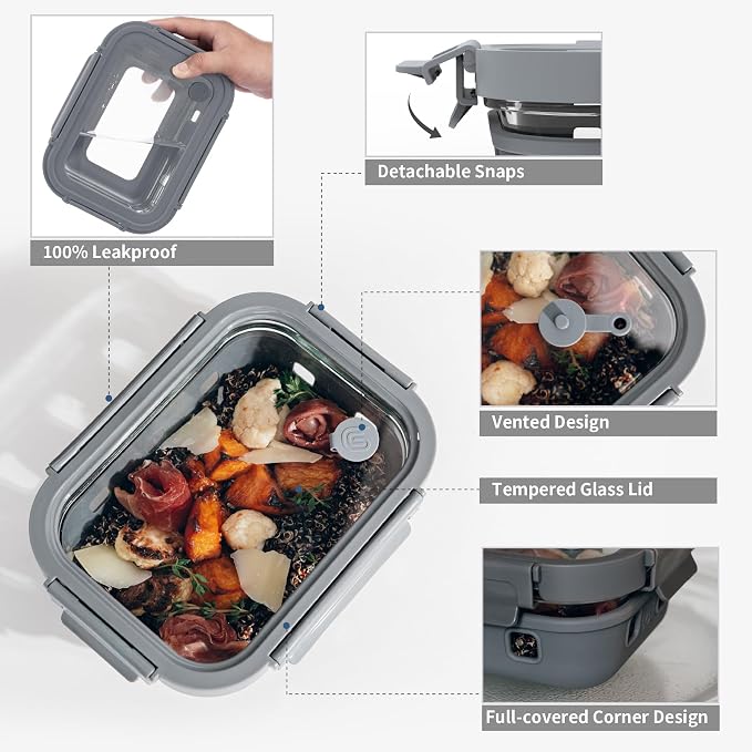 5 Pc Glass Meal Prep Containers with Glass Lids | 22 oz Airtight leakproof Food Storage Containers with Silicone Sleeves, BPA-Free, microwave, freezer & dishwasher safe