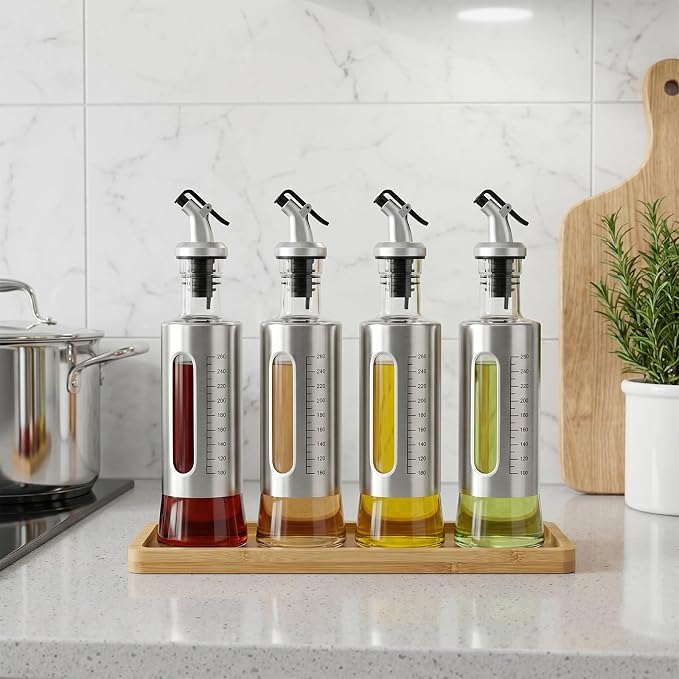 Olive Oil Dispenser for Kitchen, 2 Pack 10oz/300 ML Cooking Oil and Vinegar Dispenser Set with 20 Labels Stainless Steel Funnel, Olive Oil Bottle, Soy Sauce Dispenser, Coffee Syrup Bottles