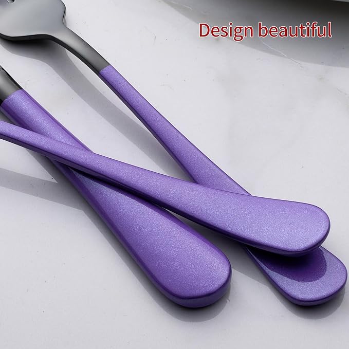 20-Piece Black Silverware Set 18/0 Stainless Steel Flatware Purple Handle Cutlery Set Service for 4 Dinner Knives Forks Spoons Set Mirror Finish Dishwasher Safe