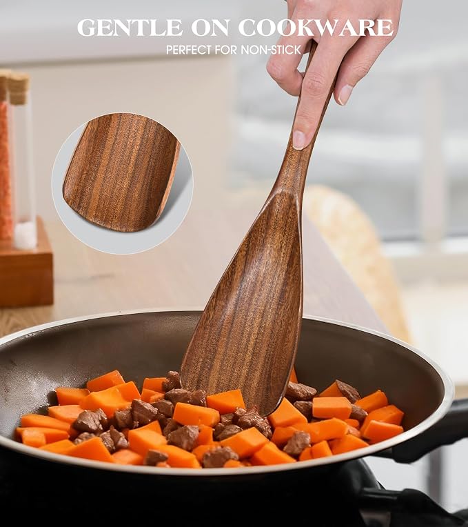 Wooden Spatula Spoon, Multifunction Spatula Cooking Spoon for Non Stick Cookware, Heat Resistant Acacia Wood Kitchen Utensils for Cooking, Serving, Scooping, Scraping, BPA-Free, 11.6 x 2.8 Inch