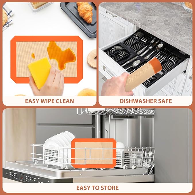 2 Half & 1 Quarter Silicone Baking Mat, Baking Sheets | Non Stick, Silicone Mats for Baking, Baking Supplies for Cookies, Bread & Pastry, Heat-Resistant & Reusable, Orange