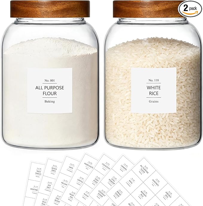 KEYWING 100oz Glass Food Storage Jars with Acacia Lids Flour Container 2Pcs | Airtight Wide Mouth Pantry Storage Containers Canister Set for Sugar, Rice, Eggs, Cereal, Cookies, 100fl.oz with 126 Labels