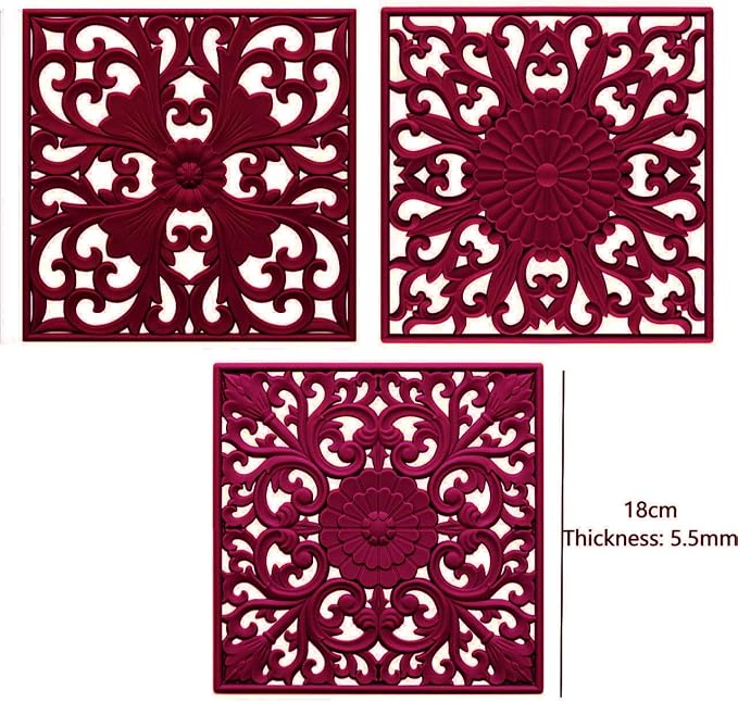 Silicone Trivets for Hot Dishes-Pots&Pans, Square Multi-Use Carved Trivet Mat, Insulated Silicone Mats, Flexible Trivet Mat for Countertop&Tabletop, Pot Holders Pads Set 3 Melort Red