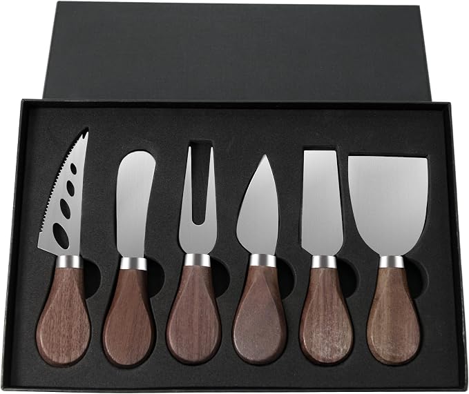 Cheese Knife Set, 6 Pcs Charcuterie Board Accessories - Cheese Knife, Spreader, Fork, Slicer, Cheese Cutter, Butter Knife, Stainless Steel Cheese Knives for Housewarming Gift (Walnut Handle)