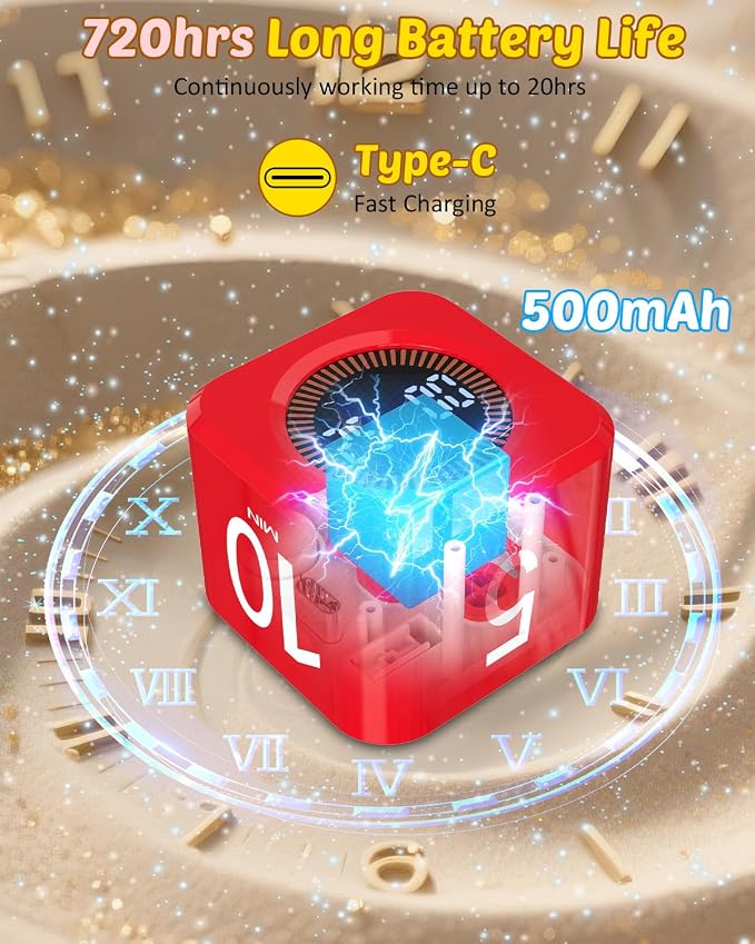 Digital Pomodoro Timer Cube 5/10/25/50min, Visual Productivity Flip Timer for Kids Classroom Desk, Custom Countdown, Silent and Sound Mode for ADHD Study Work Game Kitchen (Red)