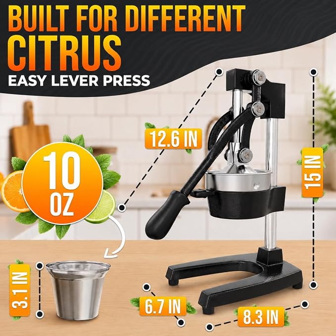 Cast Iron Manual Juicer, Heavy-Duty Squeezer – One Pull Extracts Full Juice with No Electricity – Manual Citrus Press Juicer & Orange Squeezer for Lemon, Lime, and Lemonade at Home or Bar (Black)