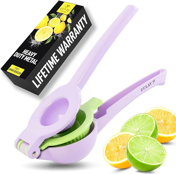 Zulay Kitchen Metal 2-in-1 Lemon Squeezer - Sturdy Max Extraction Hand Juicer Lemon Squeezer Gets Every Last Drop - Easy to Clean Manual Citrus Juicer - Easy-Use Lemon Juicer Squeezer - Purple/Lime