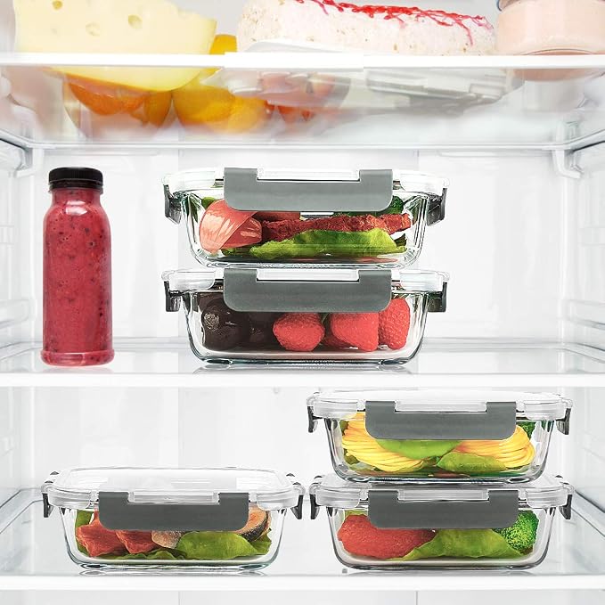 M MCIRCO 10 Pack,22 oz Glass Food Storage Containers with lids, Gray | Glass Meal Prep Containers,Airtight Lunch Containers with Lids, Microwave, Oven, Freezer and Dishwasher Friendly, BPA Free