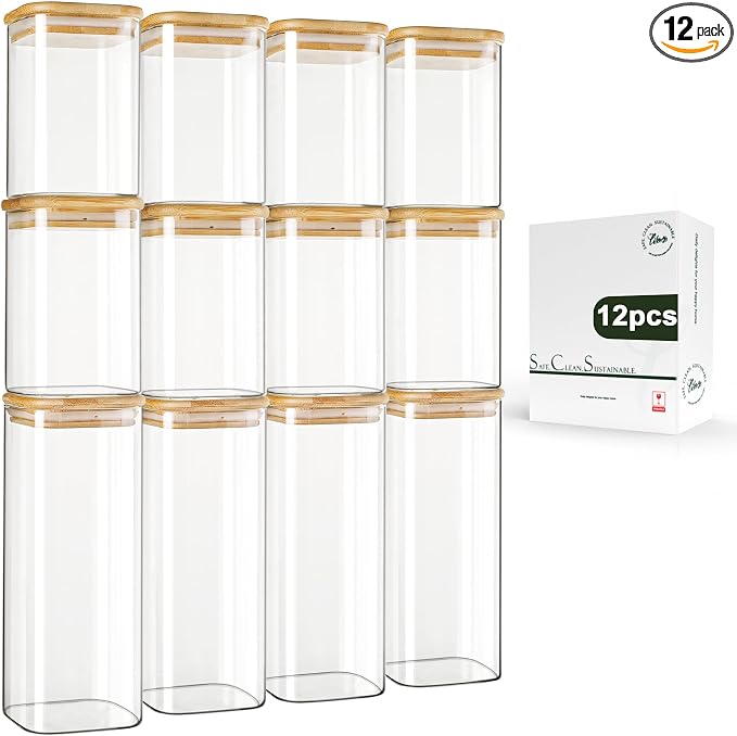 LIBWYS 12-Pack Square Glass Storage Jars with Bamboo Lids (0.6Qt/1.06Qt) - Stackable Food Containers for Pantry Organization, Coffee, Flour, Snacks, Tea | Kitchen Canisters Set | Stackable Dry Food Containers for Pantry Organization, Coffee, Flour, Sna...