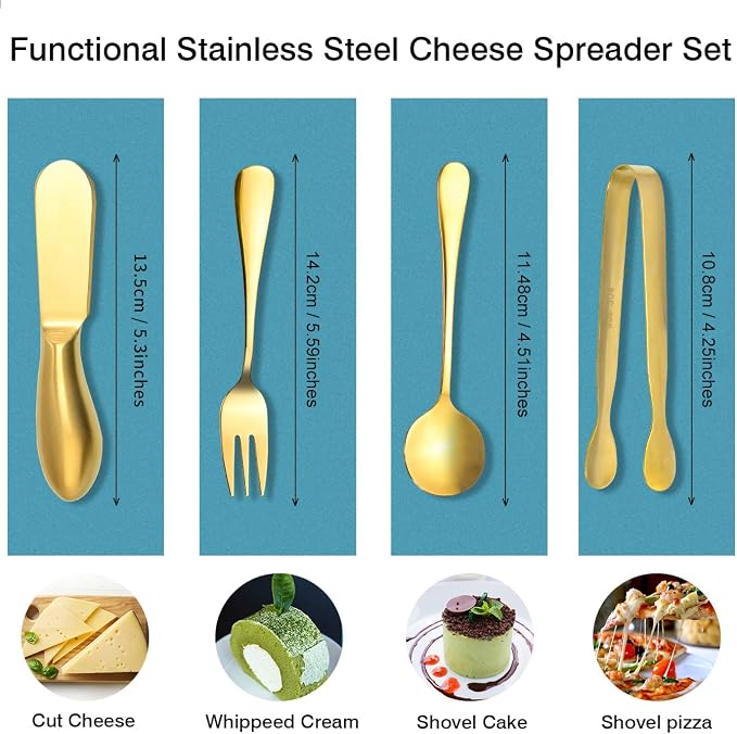 Funland 14 PCs Gold Cheese Spreader Knives Set, Butter Knife Spreaders for Cheese Board Accessories, Mini Cheese Knife Slicer with Serving Tongs Spoons and Fruit Forks Charcuterie Utensils - Gold
