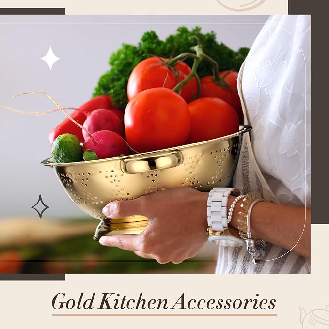 3 Pcs Gold Colander Set 1/2.5/4 Quart Stainless Steel Colander Gold Strainer Basket with Handles Kitchen Strainer for Draining Spaghetti Pasta, Rinsing Vegetables or Fruits