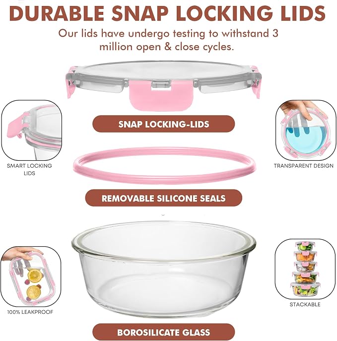 Razab 30 PC Glass Food Storage Containers with Lids - Reusable Glass Meal Prep Containers for Lunch and Leftovers - Airtight & Leakproof Snap Locking Lids - Oven, Freezer, Microwave, Dishwasher Safe
