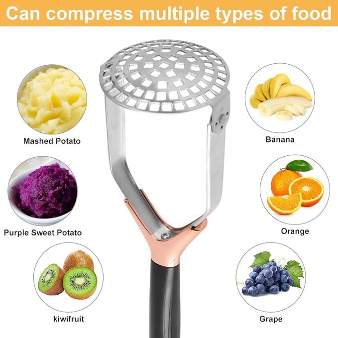 Potato Masher, Folding Stainless Steel Non Stick Non-Slip Mash Potatoes Masher 12 Inch Long Handle Saves Space Heavy Duty Bean Smasher Tool for Avocado, Bean, Rose Gold