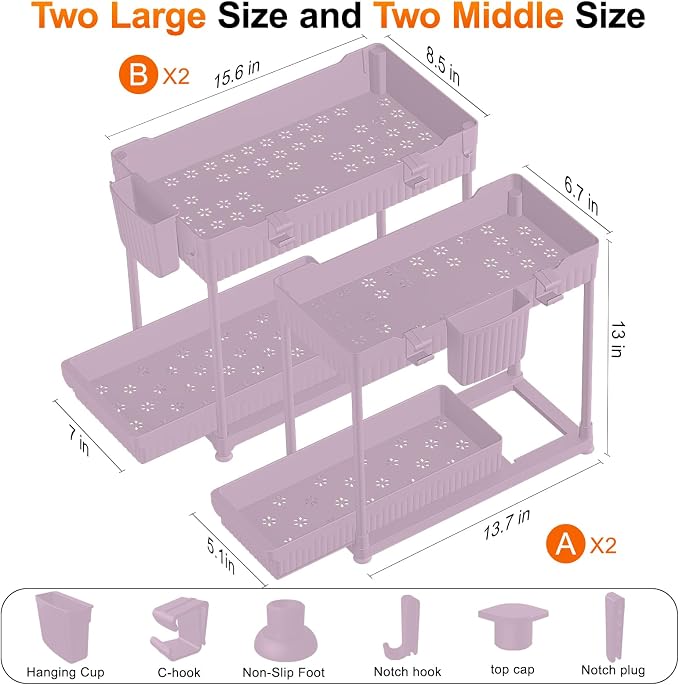 4-Pack 2-Tier Under Sink Organizer with Pull Out Drawers | Multi-use kitchen & bathroom storage. Includes hanging hooks and cups. Pink, space-saving cabinet design. 12.8 Inch