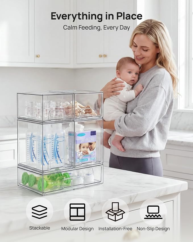 Vtopmart Clear Stackable Storage Drawers Set of 7, Plastic Organizer Bins | Multi-purpose Boxes for Baby Bottle Storage, Ideal for Kichen, Vanity, Bathroom, Undersink, Cabinet, Pantry Organization