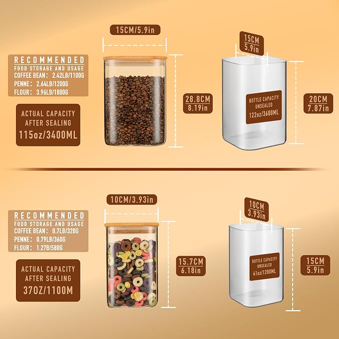 D2scrma 122oz 41oz Airtight Glass Square Storage Canister with Bamboo Lid Set of 2(3600ml*1 1200ml*1) Large Storage Container Gallon Glass Jars, for Sugar, Flour, and Coffee bean (with Black Lable)