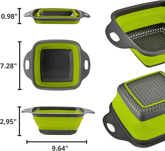 Square Collapsible Colander with Handles – Green Square Silicone Kitchen Strainers with Plastic Handles Foldable Kitchen Strainer Perfect for Draining Pasta Vegetable and Fruit Green