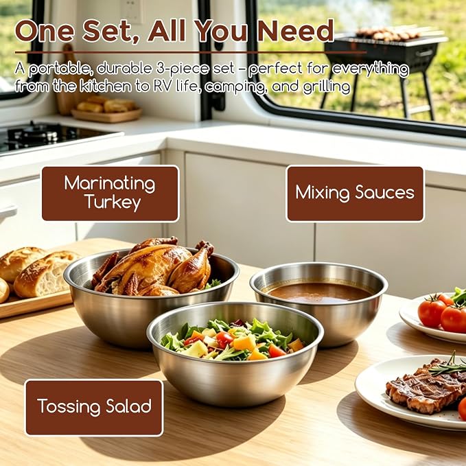 Gronivex Stainless Steel Mixing Bowls Set, 3-Piece (1.5, 2.2 & 3.4 Qt) | Food-Grade Metal, Dishwasher safe，Stackable Nesting & Space-Saving – For Kitchen Baking, Salads, Meal Prep, RV & Camping