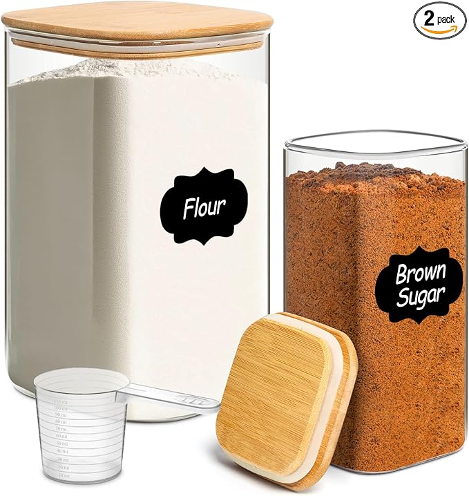 Glass Flour Containers with Bamboo Lids 1.6/4.6 Qt 2 Pack | Wide Mouth, Scoop Included, Kitchen Organizer，Flour Sugar Coffee Beans Pasta Cereal Dry Food Storage