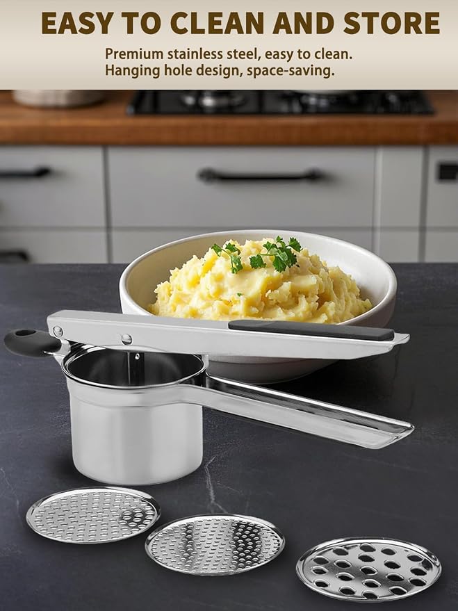 Potato Ricer, Heavy Duty Stainless Steel Potato Masher and Ricer for Mashed Potatoes, Kitchen Gadget for Mashed Potatoes with 3 Interchangeable Discs