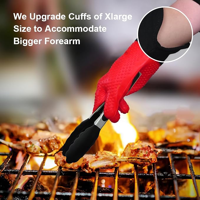 GEEKHOM BBQ Gloves Heat Resistant Oven Mitts - Silicone Grilling Gloves with 14" Long Arm Protection - Waterproof Pot Holder Non-Slip for Men & Women, Kitchen Cooking, Baking, Camping, Red