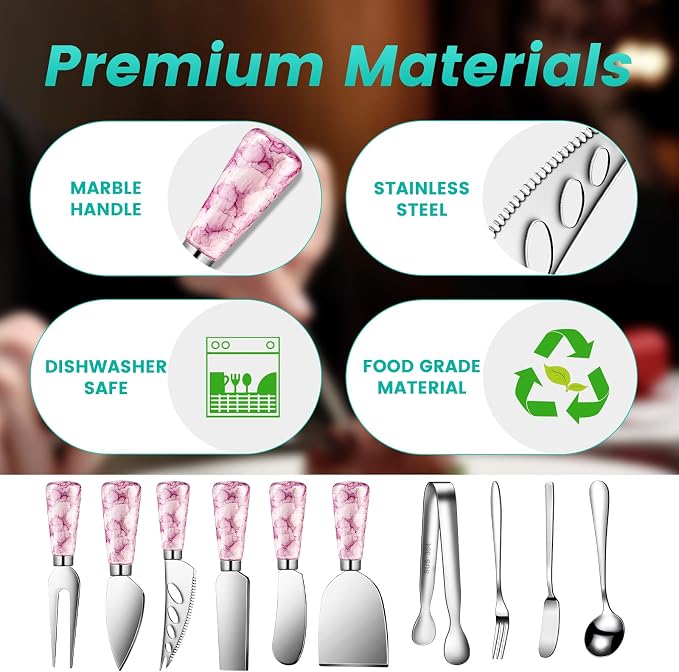 Marble Pink Cheese Knife Set, Ceramic Handle Charcuterie Board Accessories - Butter Spreader, Cheese Slicer, Serving Tongs, Spoons, Forks, Flags, Wooden Honey Dipper
