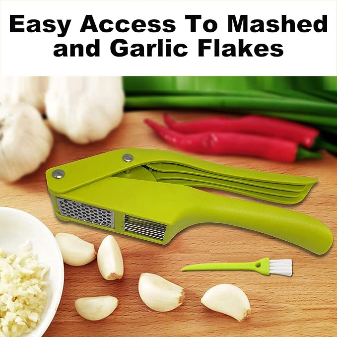 Garlic Press, 2 in 1 Garlic Slicer and Mincer with Silicone Tube Peeler and Cleaning Brush for Garlic, Ginger, Nuts & Seeds