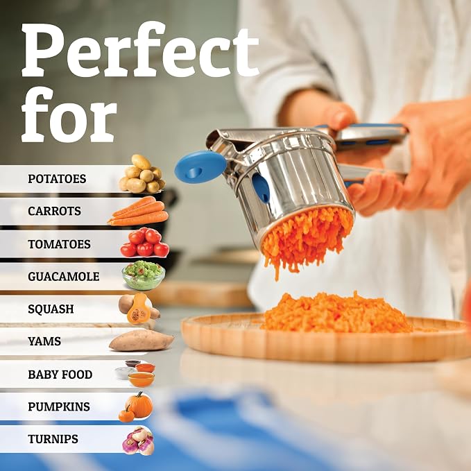 PriorityChef Large 15oz Potato Ricer With 3 Discs, Heavy Duty Stainless Steel Potato Ricer for Mashed Potatoes, Potato Masher, Press and Ricer Kitchen Tool, Blue