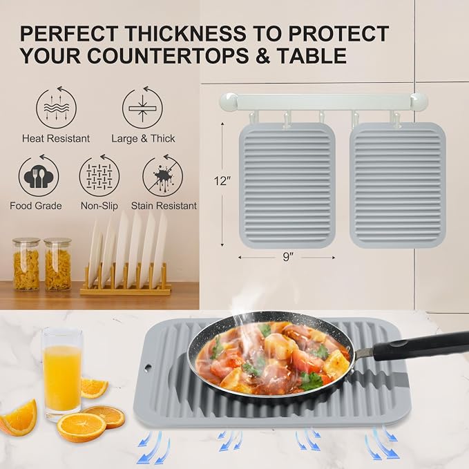 9"x12" Heat Resistant Silicone Trivets for Hot Pots and Pans, Hot Dishes | 2 PCS Large Multipurpose Non Slip Pot Holders Hot Pads Mat for Kitchen Countertop Table, Food Grade & BPA Free, Grey