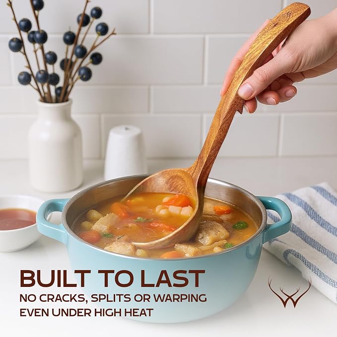 2Pcs Wooden Ladle Set included Teak Wood Soup Spoons with Hook Handles for Cooking wih Large Spoon Rest, Serving, Stirring – Non-Stick Wooden Spoons for Pot & Bowl
