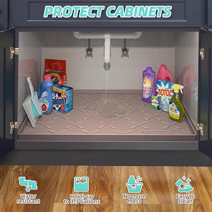 Waterproof Under Sink Mat 31" x 22" Kitchen Cabinet Liner Silicone | BPA-Free Silicone Mat with Raised Lip Protects Cabinets from Leaks, Versatile Home Organizer for Bathroom, Pets, Boots, Floor
