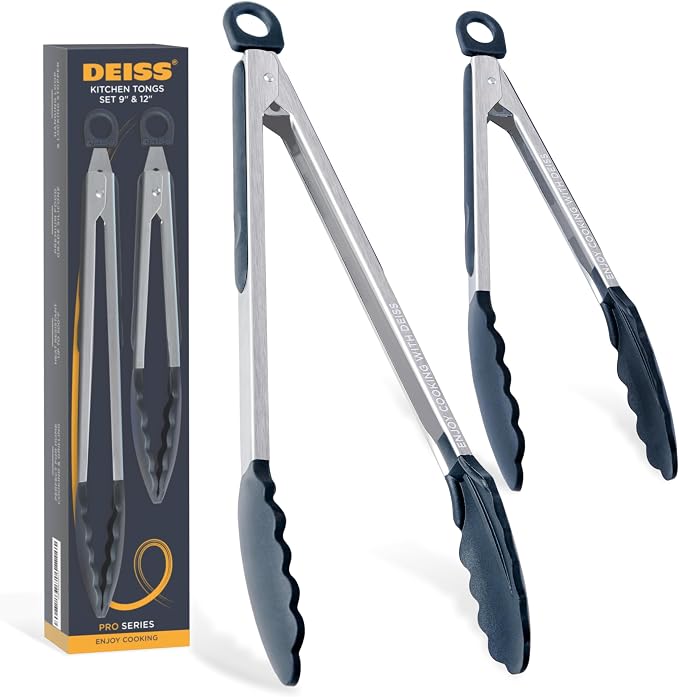 Deiss PRO Cooking Tongs with Silicone Tips - Kitchen Tongs for Cooking, BBQ, Air Fryer - Heat Resistant Silicone Tipped Tongs, Silicone Tongs for Nonstick Cookware - Pull Lock, Set of 2, 9'' and 12''