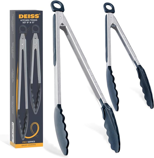 Deiss PRO Cooking Tongs with Silicone Tips - Kitchen Tongs for Cooking, BBQ, Air Fryer - Heat Resistant Silicone Tipped Tongs, Silicone Tongs for Nonstick Cookware - Pull Lock, Set of 2, 9'' and 12''
