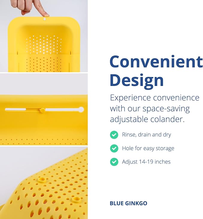 BLUE GINKGO Over the Sink Colander Strainer Basket - Wash Vegetables and Fruits, Drain Cooked Pasta and Dry Dishes - Extendable - New Home Kitchen Essentials (Yellow, 1 Pack)