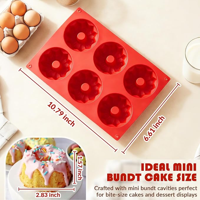 HKNMTT 2Pcs Mini Fluted Cake Pans 6-Cavity Non Stick Buntz Pan BPA Free | Food-Grade Silicone, Oven Safe, Easy Release, for Baking Cakes, Jello, Brownie