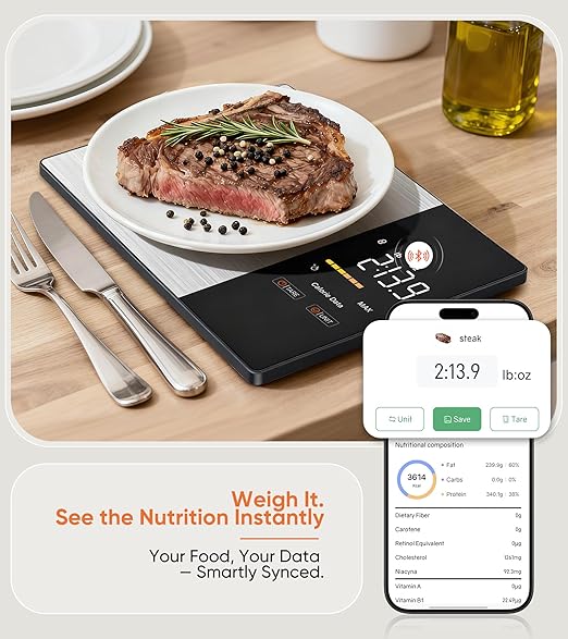 Smart Nutrition Food Scale with LED Display, Tracks Calories, Fat, Carbs & Protein via App, 1g Precision Digital Kitchen Scale for Healthy Eating & Meal Prep
