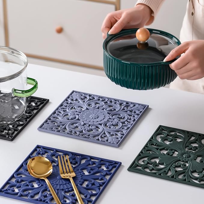 Silicone Trivets for Hot Dishes-Pots&Pans, Square Multi-Use Carved Trivet Mat, Insulated Silicone Mats, Flexible Trivet Mat for Countertop&Tabletop, Pot Holders Pads Set 3 Melort Red