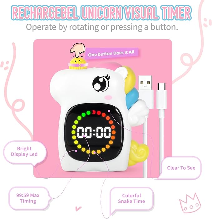 Unicorn Visual Timer for Kids, Rechargeable 99:59 Digital Countdown Potty Timer, Visual Time Progress Display, Adjustable Volume, Classroom Homeschool Study Timer