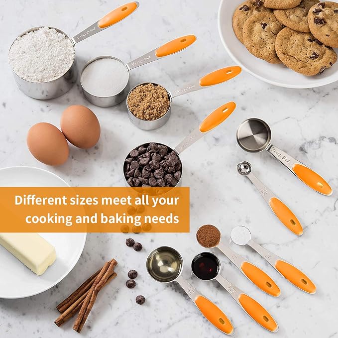 SEEK42 Measuring Spoons and Cups Set of 10 Pieces, Stainless Steel Measuring Utensils with BPA-Free Silicone Grips,Metal Scale Tools for Kitchen Cooking Baking, Dishwasher-Safe (Orange)