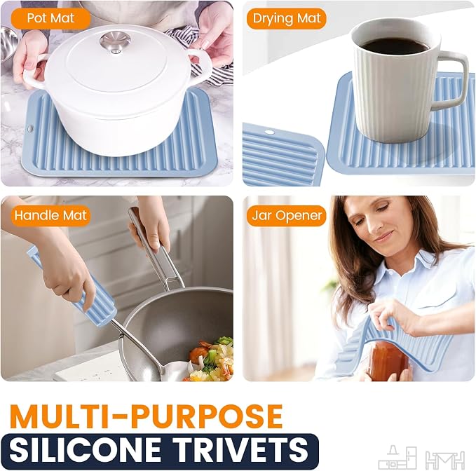 Silicone Trivet Mats 2 Heat Resistant Pot Holders Multipurpose Non-Slip Hot Pads for Kitchen Potholders, Drying mat, Jar Opener, Spoon Holder, Coaster(Sky Blue)