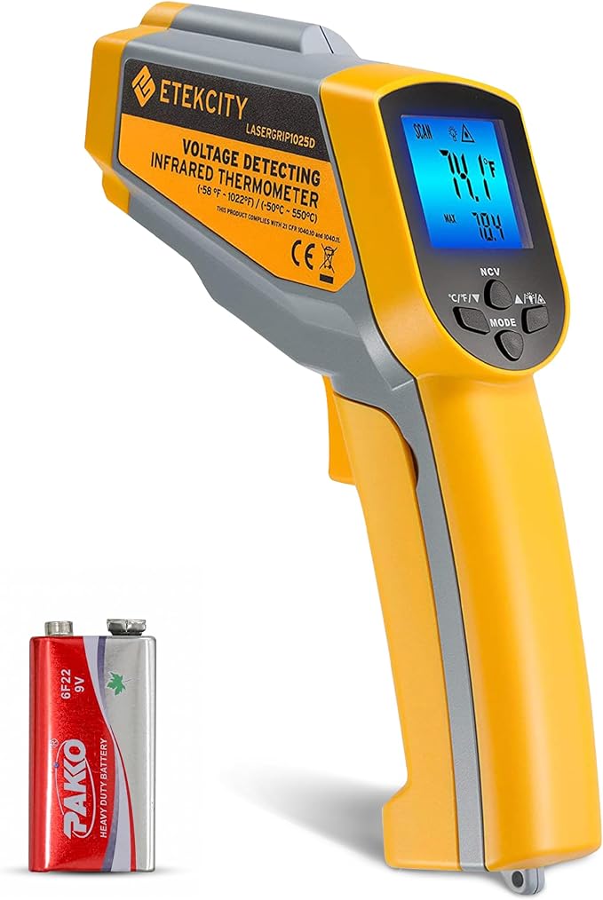 Etekcity Infrared Thermometer 1025D (Not for Human) Dual Laser Temperature Gun-58℉~1022℉ (-50℃~550℃) with Adjustable Emissivity, Non-Contact Voltage Tester (NCV), Standard Size, Yellow & Gray