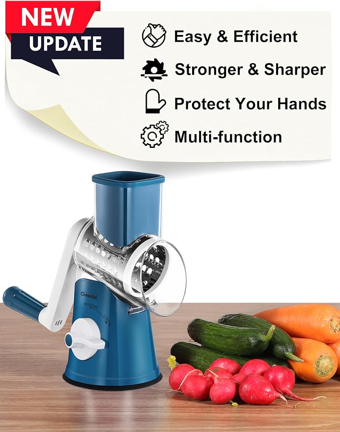 Geedel Rotary Cheese Grater Cheese Shredder - Upgraded 5-in-1 Cheese Grater with Handle and Strong Suction Base, Multi-purpose Vegetable Slicer Ice Shaver Nuts Grinder for Cheese, Vegetables, Ice
