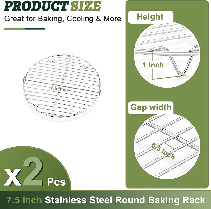 P&P CHEF 7.5 Inch Cooking Rack Round for Steaming Cooling, Silver, 2 Pack | Stainless Steel Round Wire Rack for Baking Grilling, Roasting, Fits Air Fryer, Steamer Pot, Oven & Dishwasher Safe