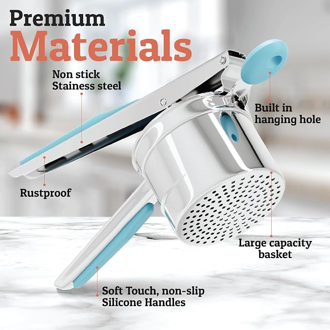 PriorityChef Large 15oz Potato Ricer With 3 Discs, Heavy Duty Stainless Steel Potato Ricer for Mashed Potatoes, Potato Masher, Press and Ricer Kitchen Tool, Turquoise
