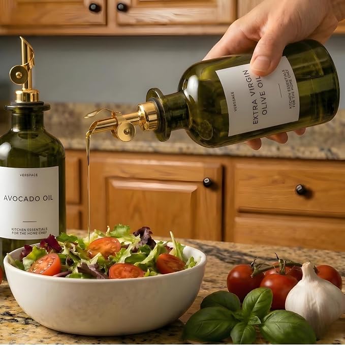 Verspace UV-Protected Green Glass Olive Oil Dispenser Bottles For Kitchen - 2 Pack - 12oz Includes 40 Kitchen Essential Labels, Avocado Oil Dispenser Set, Modern Decor for Home, Airbnb, Cafe