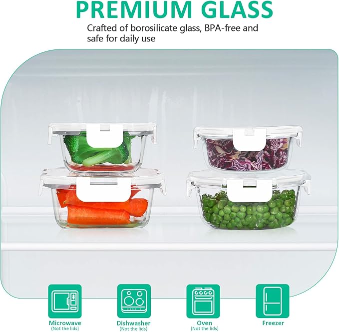 24 Pieces Glass Food Storage Containers Set, White | Meal Prep Containers, BPA-Free, Airtight Glass Storage Containers with lids,Freezer, Microwave and Oven Safe