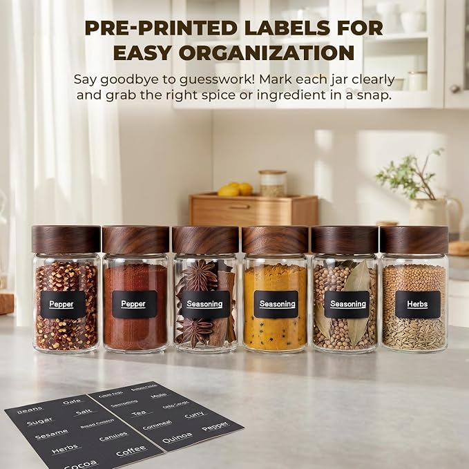 6 Pack 8 oz Glass Jars with Lids, Tall Small Mason Jars with Airtight Acacia Wood Lid, Glass Food Storage Containers for Coffee Bar, Loose Tea, Hot Cocoa & Apothecary Decor