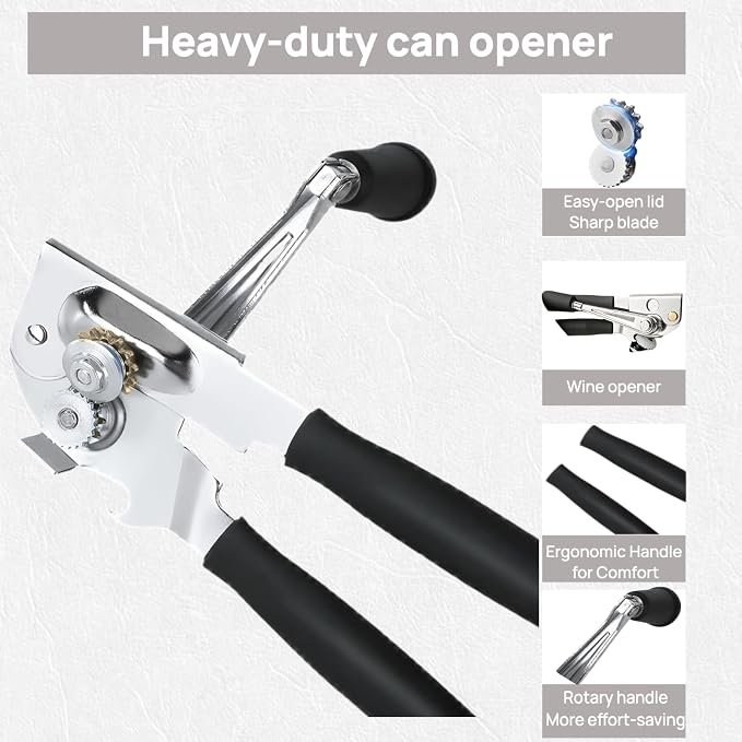 Commercial Crank Can Openers Manual, Heavy-Duty Can Opener-Ergonomic Design, Black